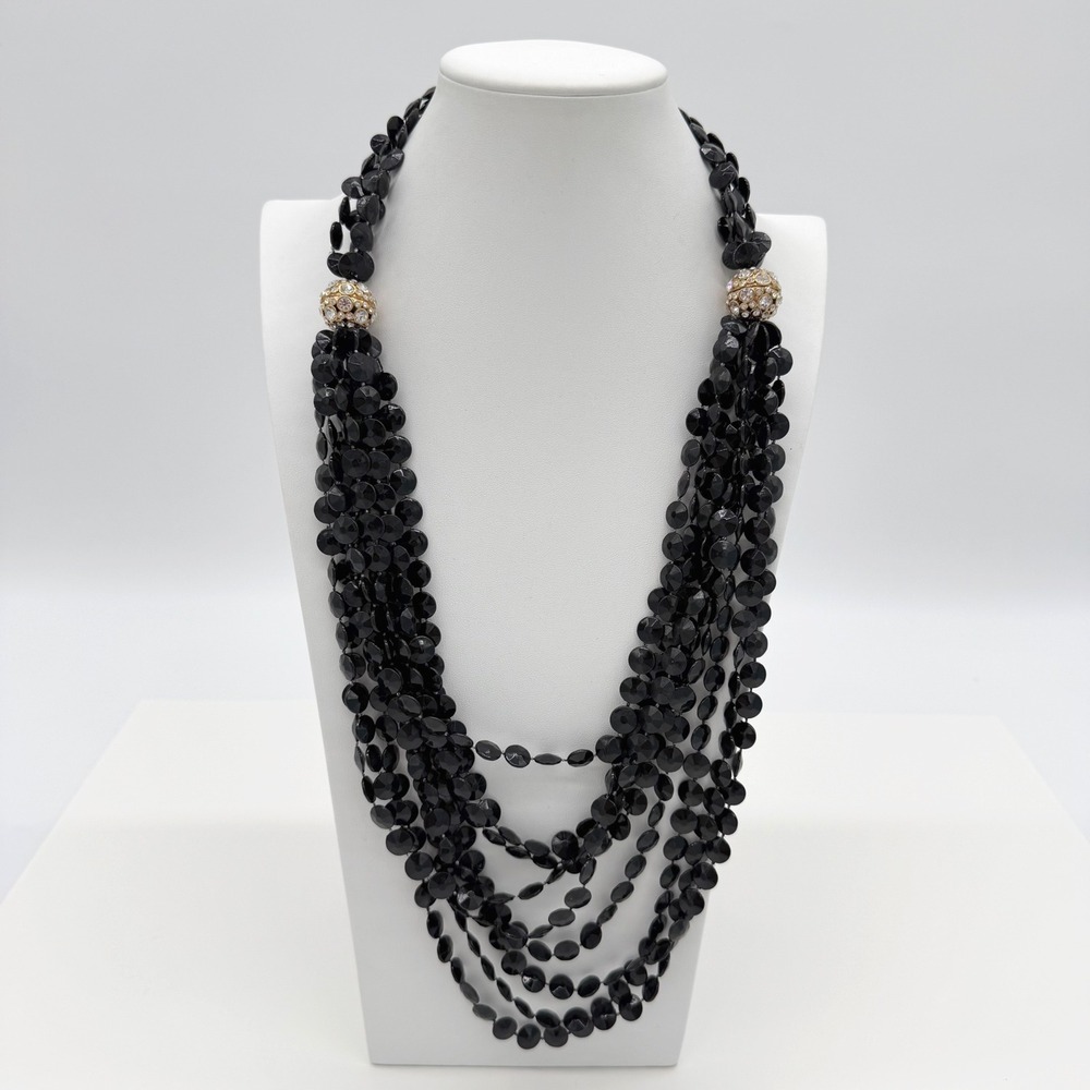 Vintage Y2K Black Multi Strand Necklace Rhinestone Bead Statement Chunky